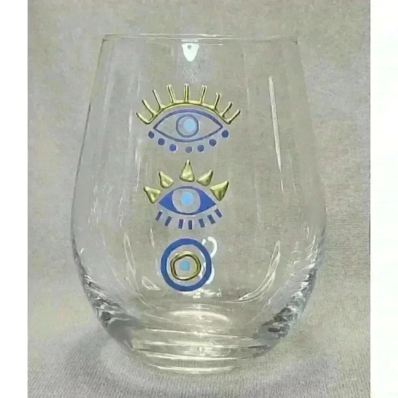 Evil Eye Stemless Wine Glass Blue Gold Enamel Barware Set of 2 Glasses Tumblers - Picture 3 of 5